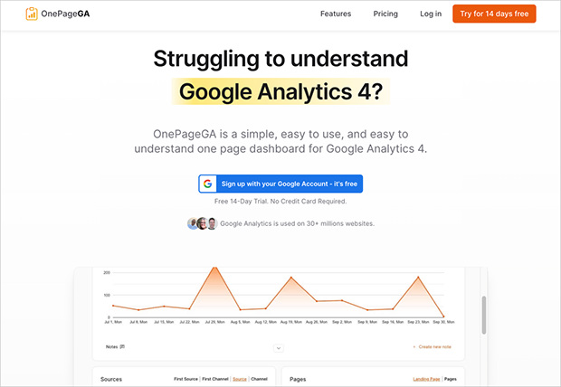 OnePageGA dashboard displaying simplified Google Analytics reports on a single screen