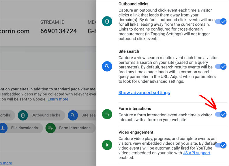 Enabling enhanced measurement settings in GA4 to automatically track form submissions