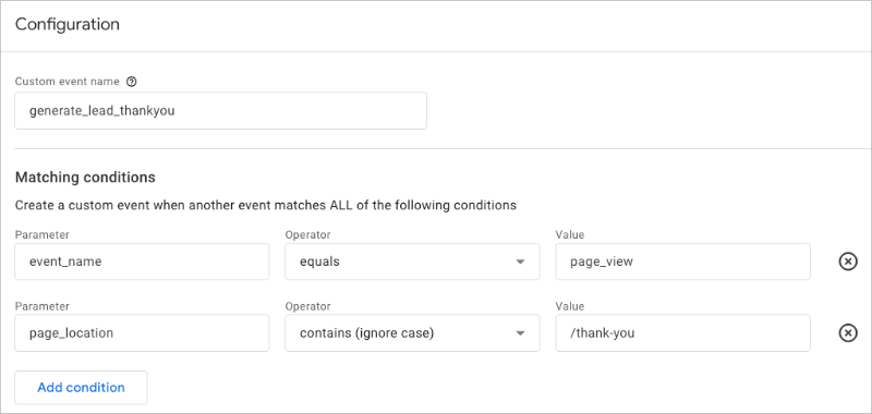 Configuring the generate_lead_thankyou event conditions in Google Analytics 4